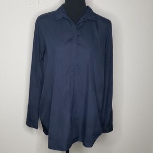 AYR 100% Cotton The Easy Cotton Popover Button Up Shirt Size L Dark Blue Coastal